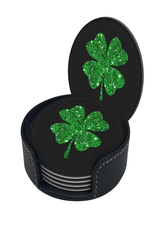 ASYG 6 Pcs St. Patrick's Day Cute Lucky Shamrock Coaster Set with Holder 4 inch Green Coasters Drink Bar Coasters Cute Table Coasters - Image 1